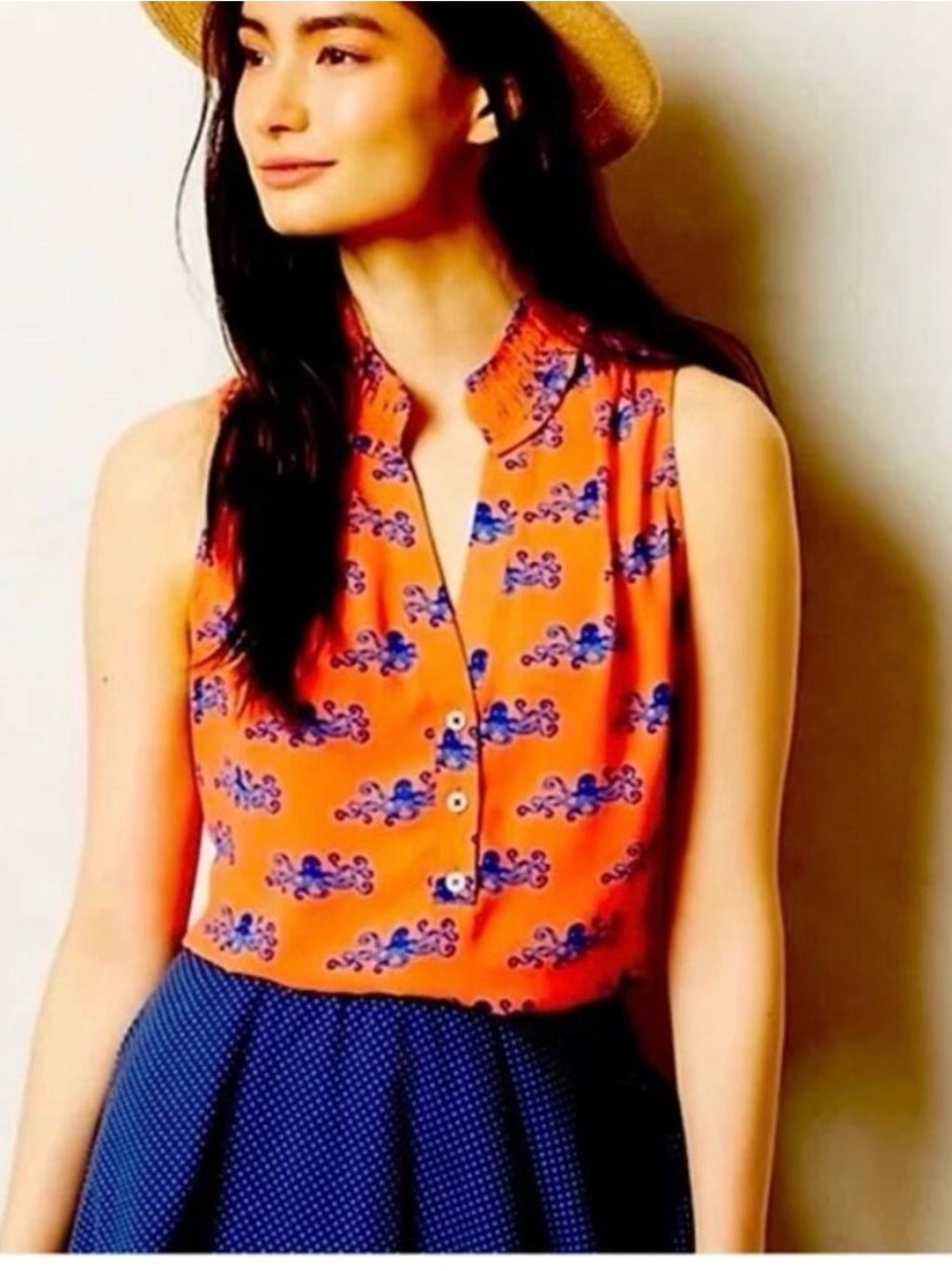 Sleeveless coral color octopus Button-Front Top